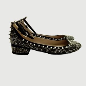 ZARA Woman Cruise Collection Black and Silver Studded Ballet Flats Ankle Strap